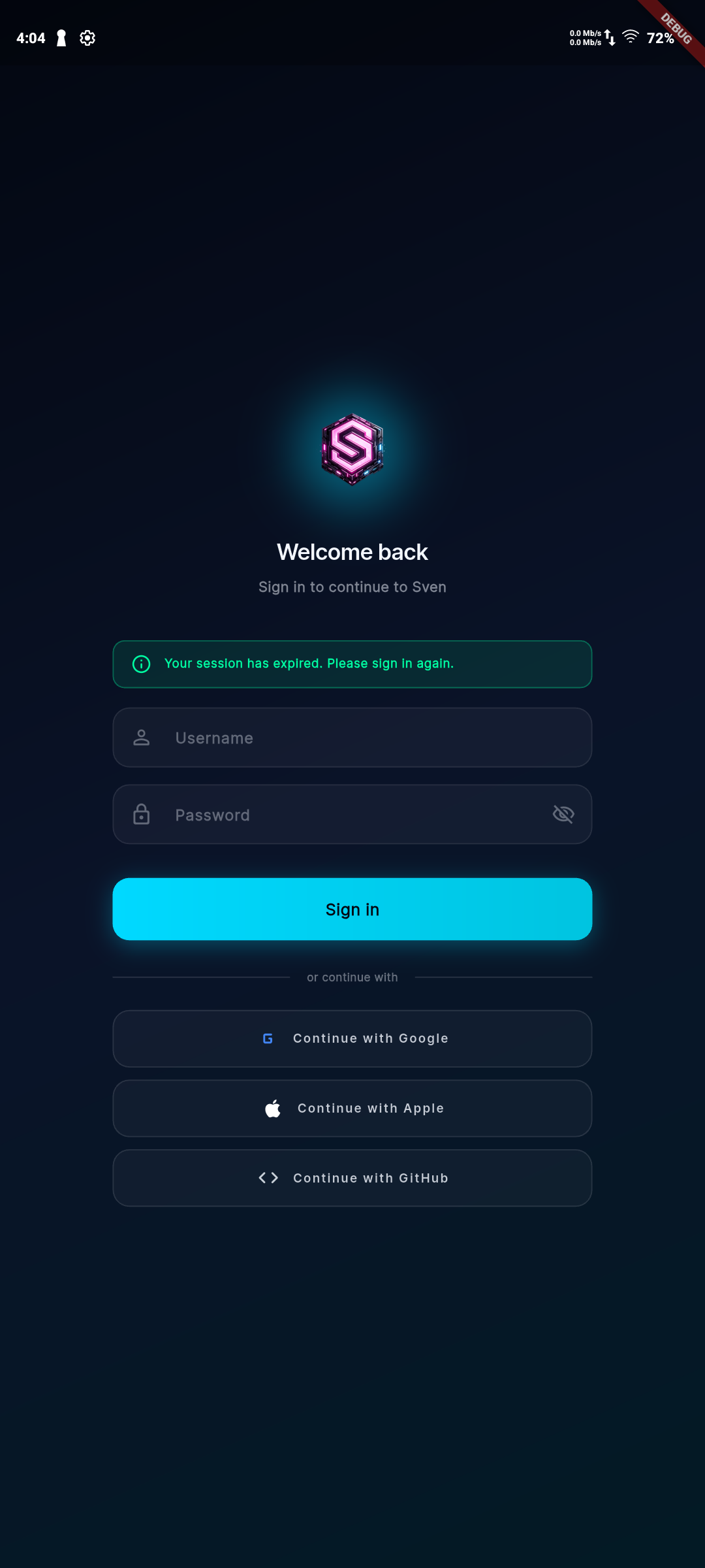 Sven mobile sign-in screen